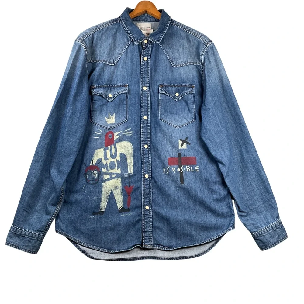 Zara Man Denim Shirt Mens Large Blue Milicia Grafica Limited Edition Graphic